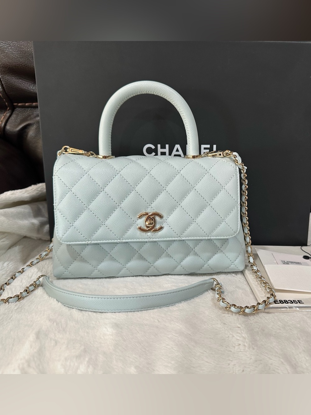 CHANEL Quilted Top Handle Satchel in Light Blue with Gold Hardware